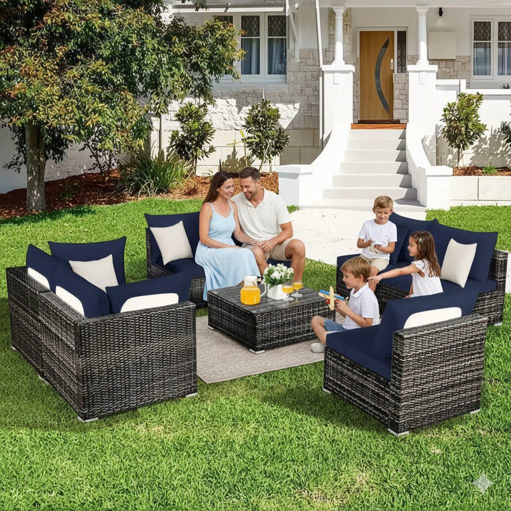 Tropical outdoor sofa cushion covers on grey rattan patio furniture set with family in backyard setting