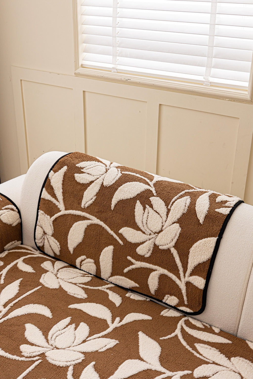 Sofa Decor Willow Quilted Leaf Sofa Seat Cover in Cocoa Leaf - back cushion fit view for quilted sofa seat covers in Australia