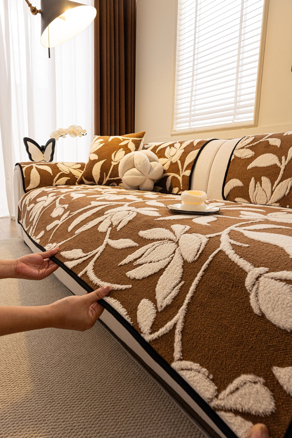 Sofa Decor Willow Quilted Leaf Sofa Seat Cover in Cocoa Leaf - styled sofa seat cover for quilted sofa seat covers in Australia