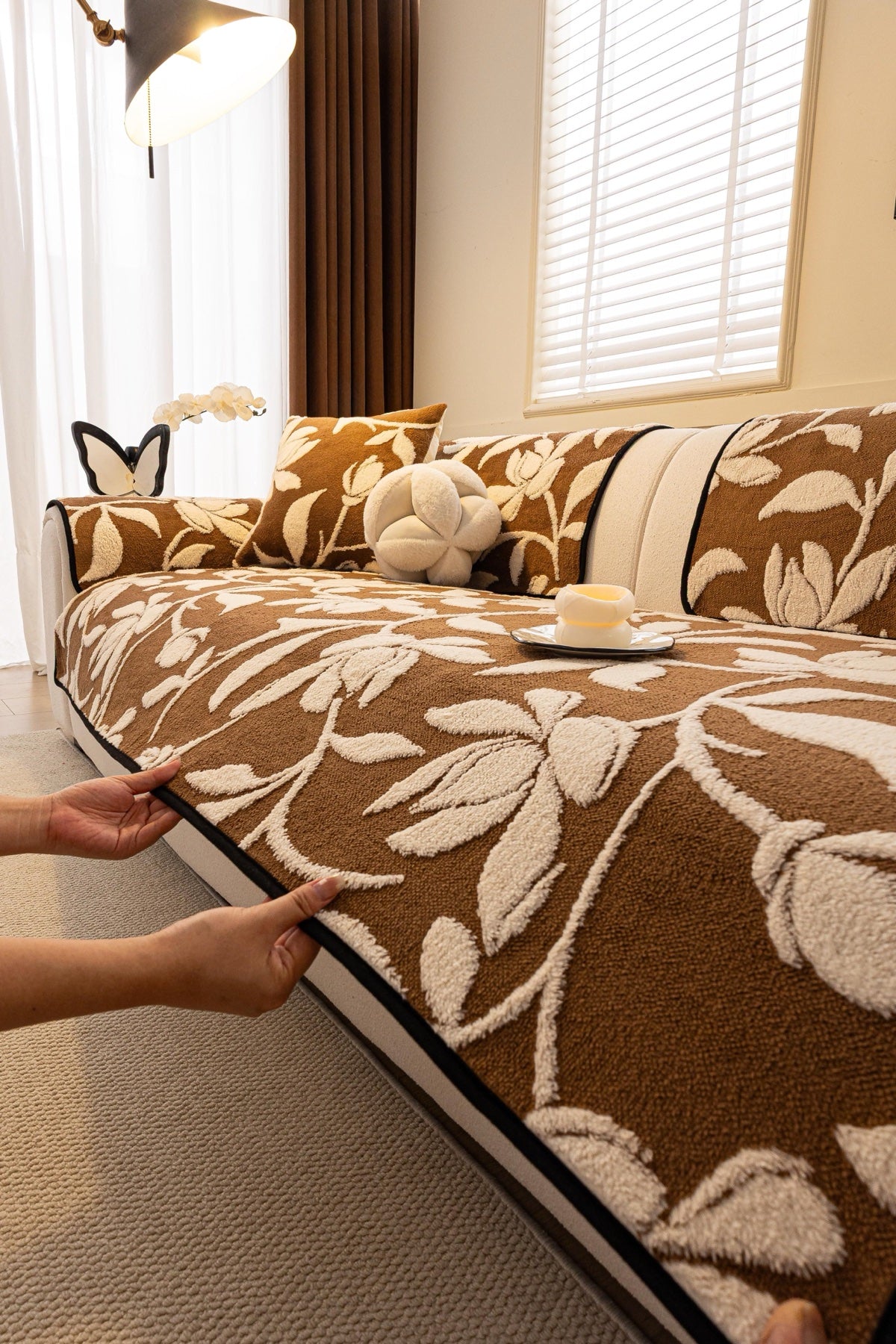 Sofa Decor Willow Quilted Leaf Sofa Seat Cover in Cocoa Leaf - styled sofa seat cover for quilted sofa seat covers in Australia