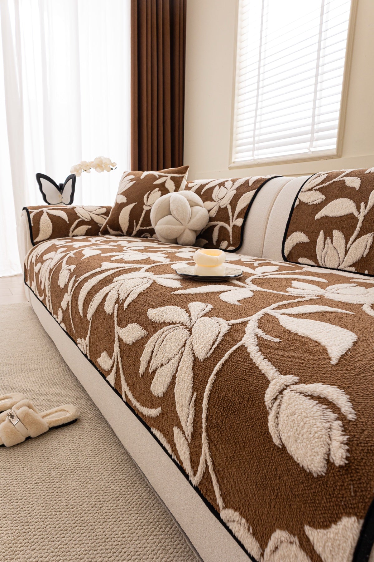 Sofa Decor Willow Quilted Leaf Sofa Seat Cover in Cocoa Leaf - styled sofa seat cover for quilted sofa seat covers in Australia
