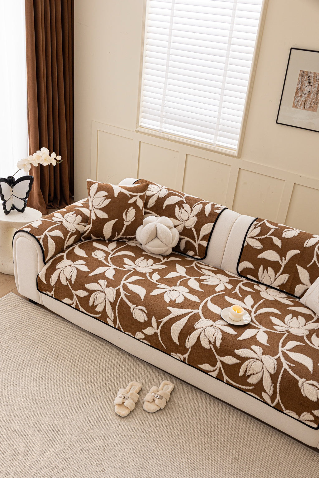 Sofa Decor Willow Quilted Leaf Sofa Seat Cover in Cocoa Leaf - styled sofa seat cover for quilted sofa seat covers in Australia