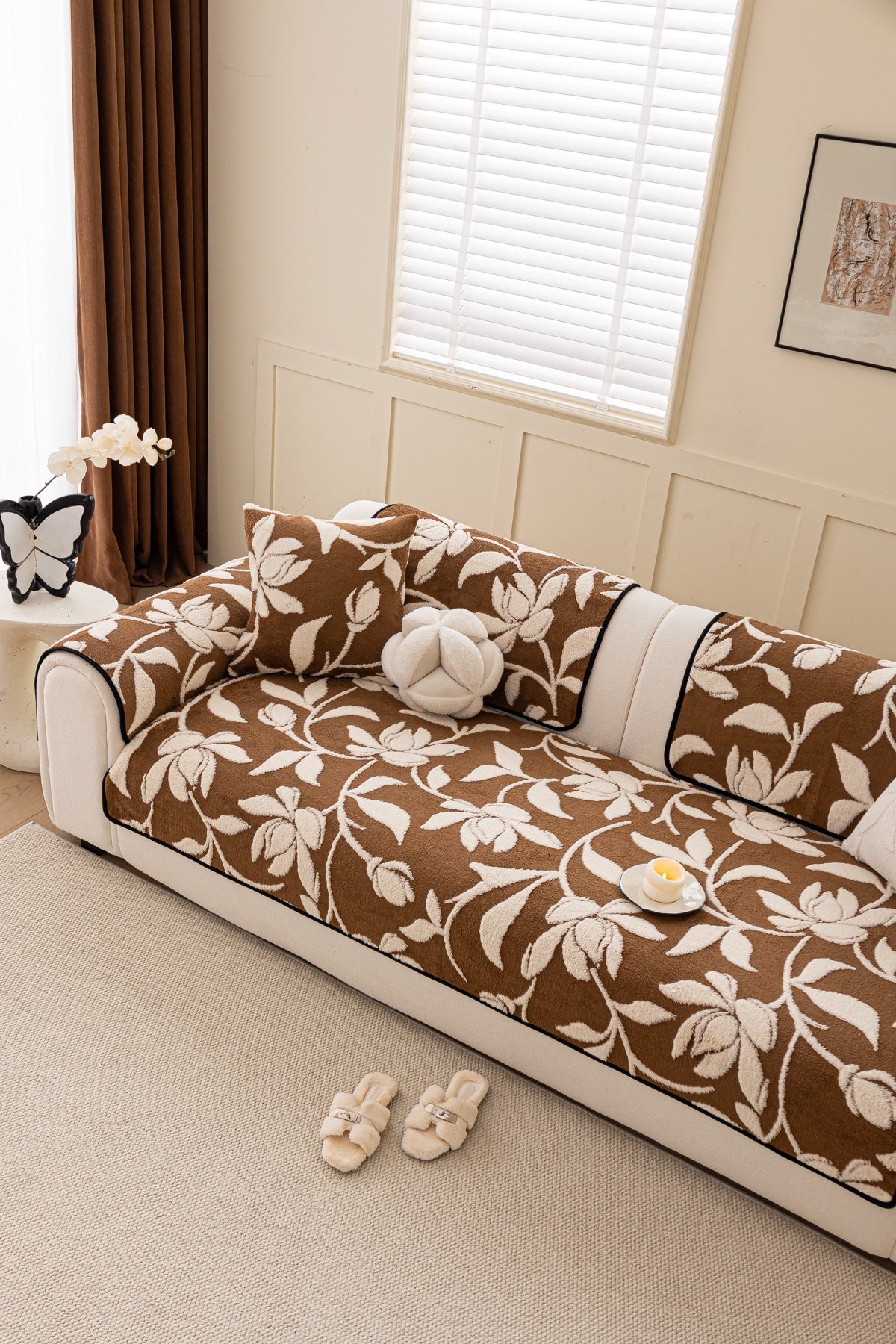 Sofa Decor Willow Quilted Leaf Sofa Seat Cover in Cocoa Leaf - styled sofa seat cover for quilted sofa seat covers in Australia