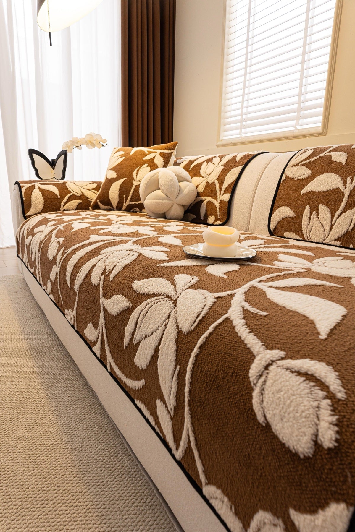 Sofa Decor Willow Quilted Leaf Sofa Seat Cover in Cocoa Leaf - styled sofa seat cover for quilted sofa seat covers in Australia