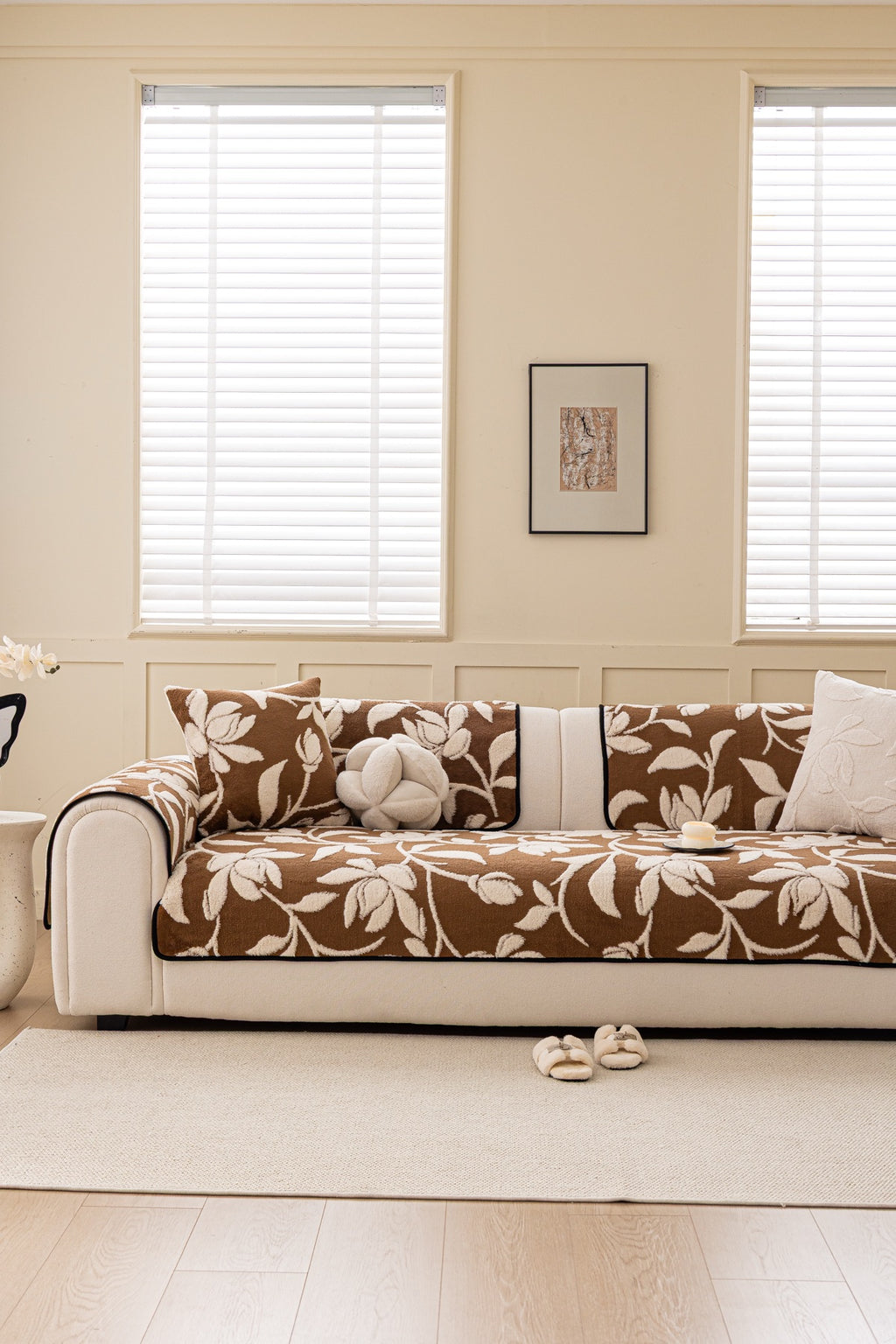 Sofa Decor Willow Quilted Leaf Sofa Seat Cover in Cocoa Leaf - front sofa fit view for quilted sofa seat covers in Australia