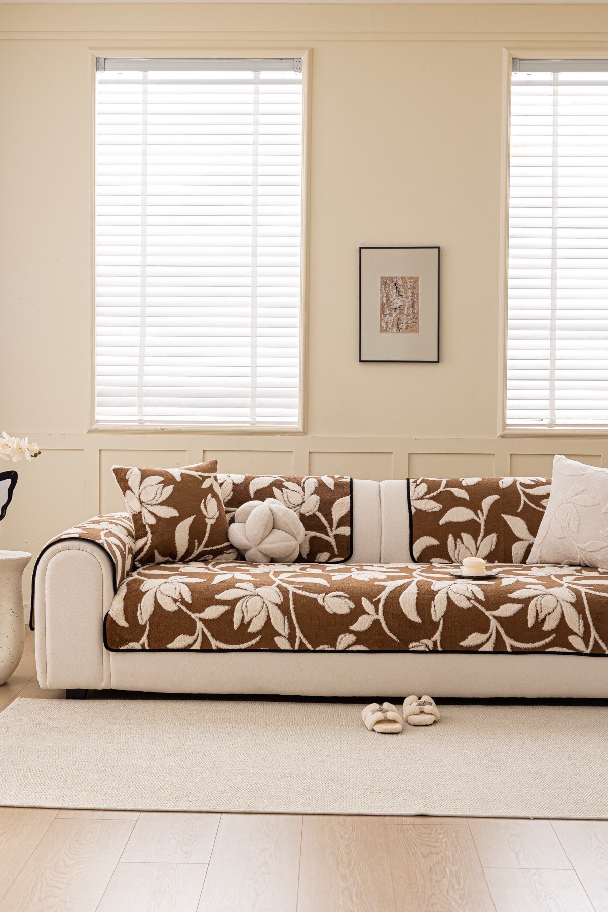 Sofa Decor Willow Quilted Leaf Sofa Seat Cover in Cocoa Leaf - front sofa fit view for quilted sofa seat covers in Australia