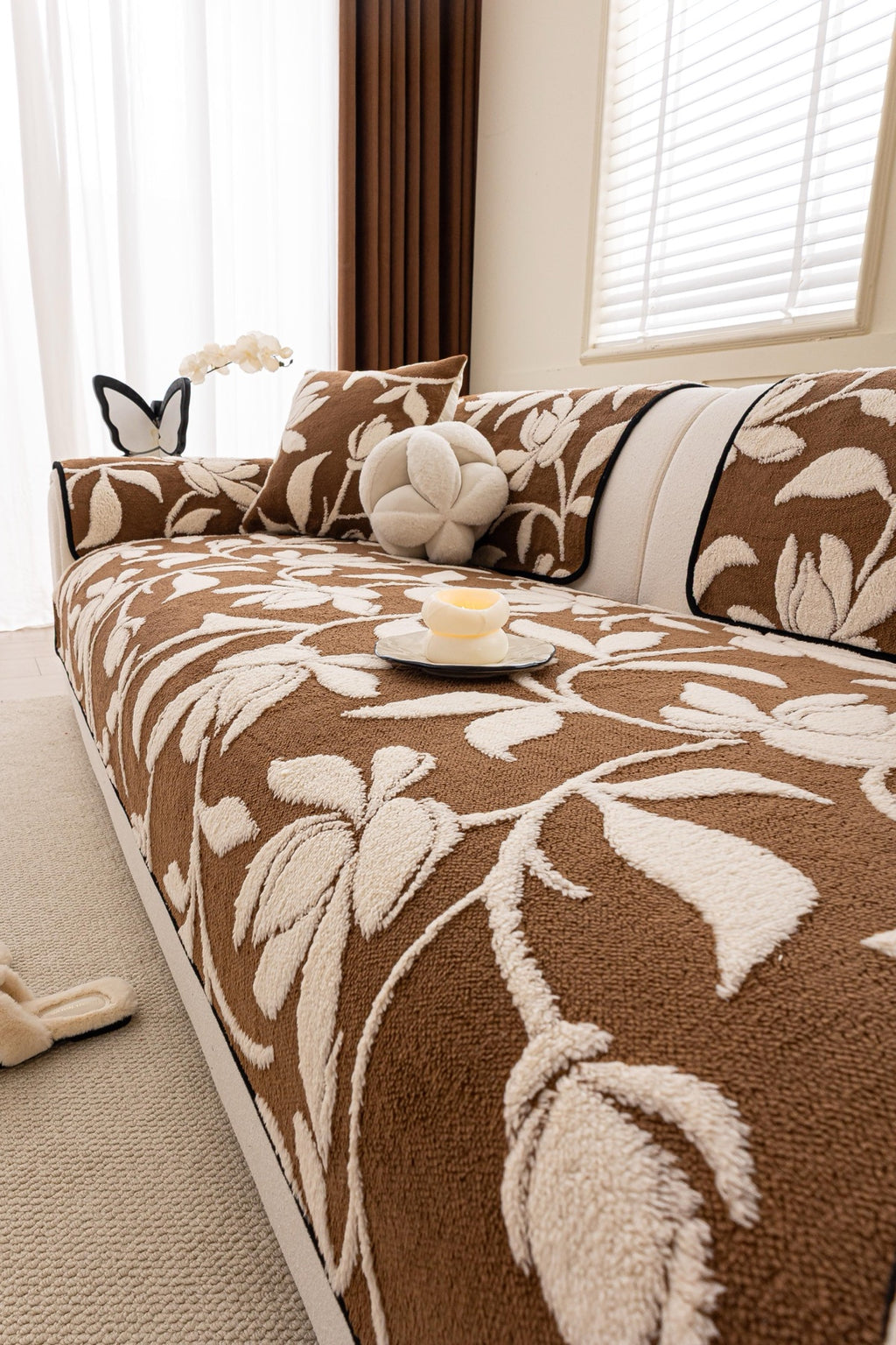 Sofa Decor Willow Quilted Leaf Sofa Seat Cover in Cocoa Leaf - styled sofa seat cover for quilted sofa seat covers in Australia