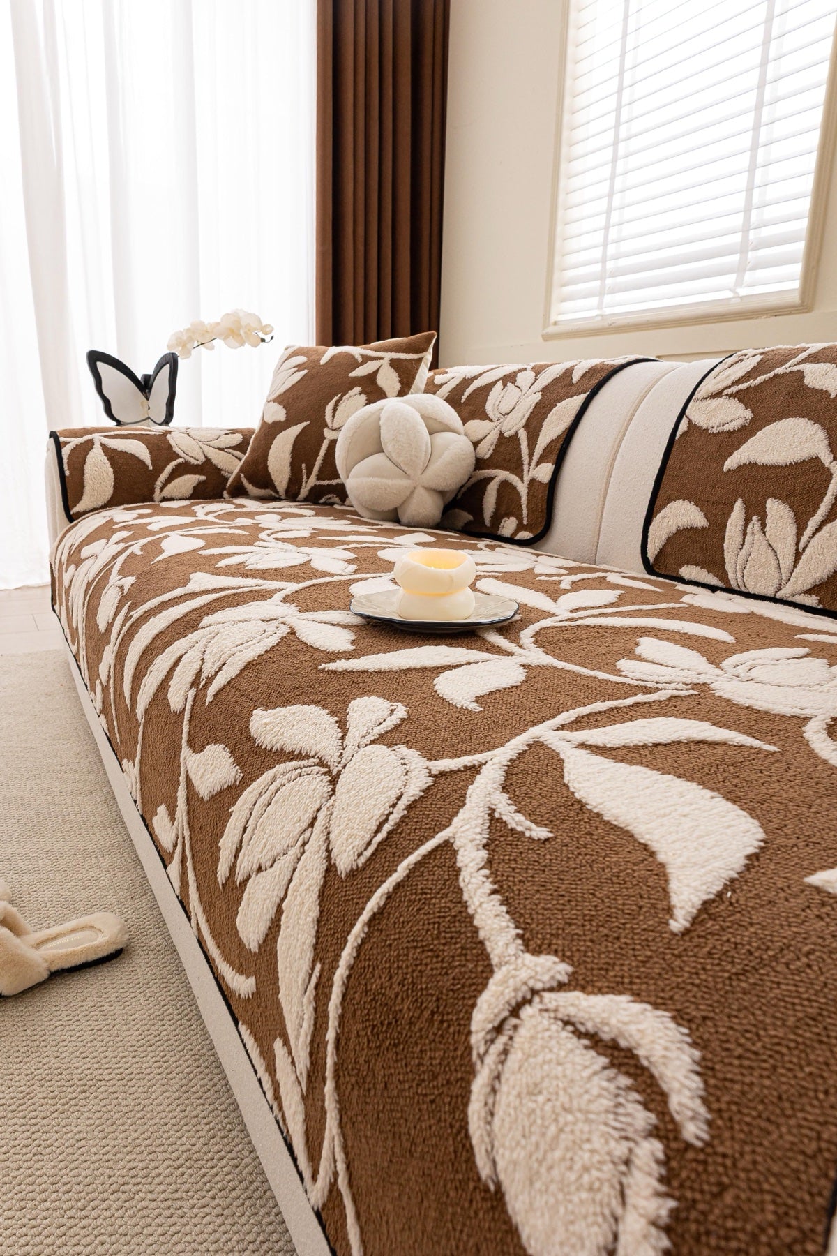Sofa Decor Willow Quilted Leaf Sofa Seat Cover in Cocoa Leaf - styled sofa seat cover for quilted sofa seat covers in Australia