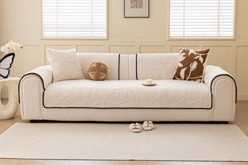 Sofa Decor Willow Quilted Leaf Sofa Seat Cover in Ivory Leaf - front sofa fit view for quilted sofa seat covers in Australia