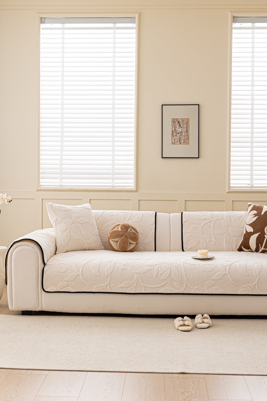 Sofa Decor Willow Quilted Leaf Sofa Seat Cover in Ivory Leaf - front sofa fit view for quilted sofa seat covers in Australia