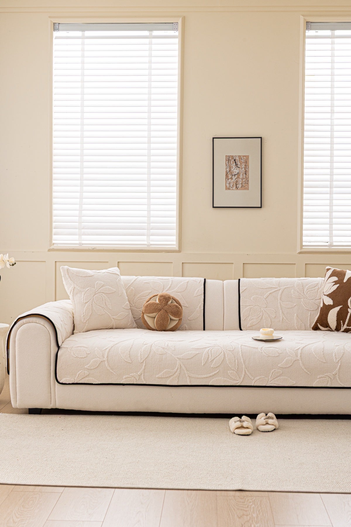 Sofa Decor Willow Quilted Leaf Sofa Seat Cover in Ivory Leaf - front sofa fit view for quilted sofa seat covers in Australia