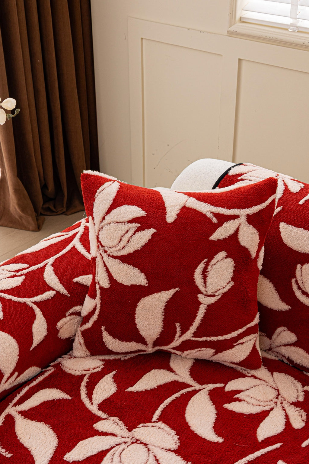 Sofa Decor Willow Quilted Leaf Sofa Seat Cover in Ruby Leaf - back cushion fit view for quilted sofa seat covers in Australia