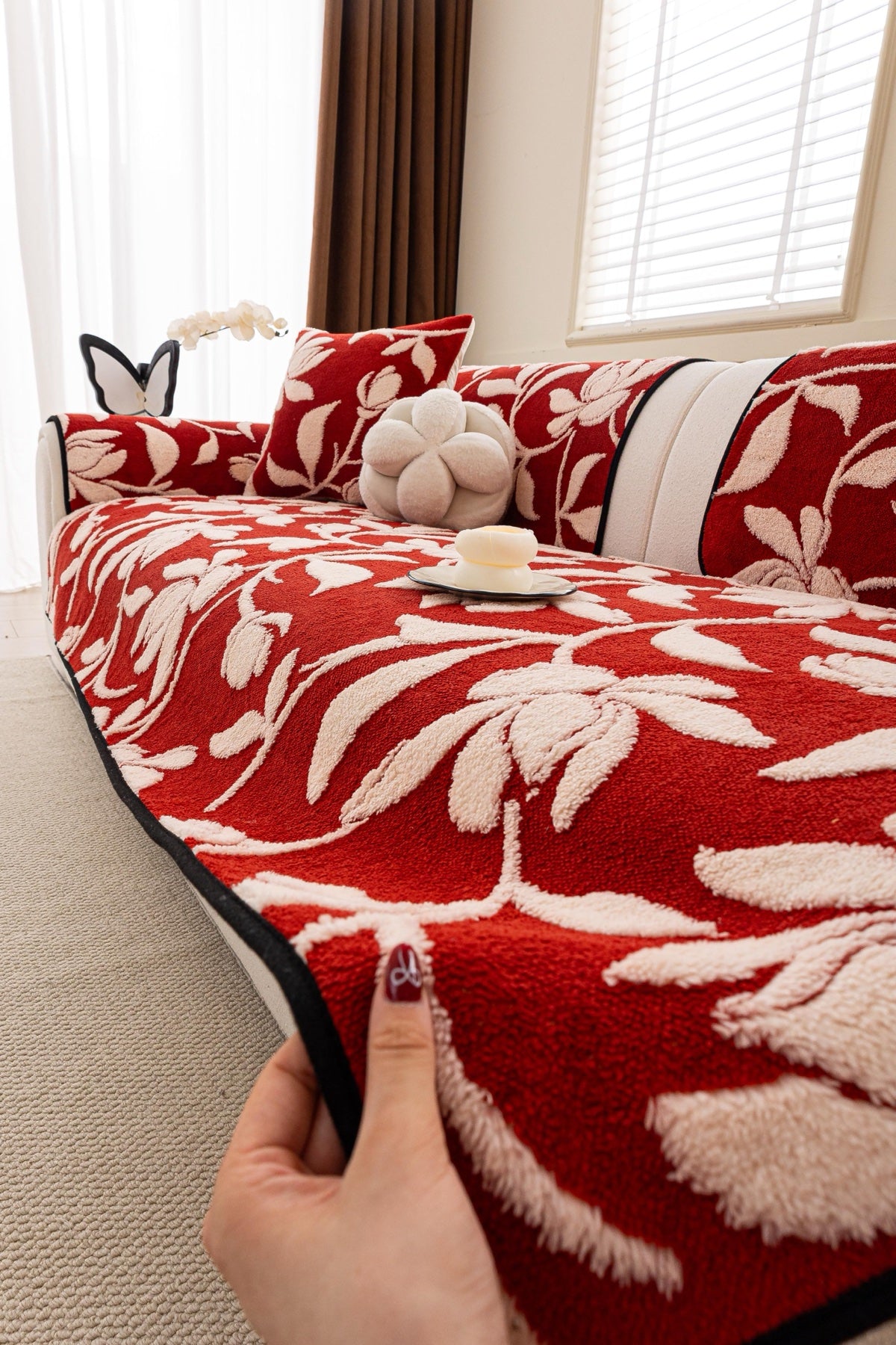 Sofa Decor Willow Quilted Leaf Sofa Seat Cover in Ruby Leaf - styled sofa seat cover for quilted sofa seat covers in Australia