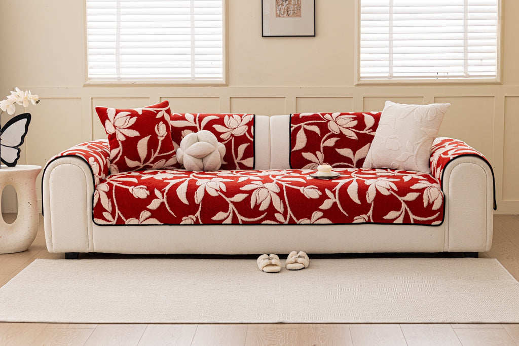 Sofa Decor Willow Quilted Leaf Sofa Seat Cover in Ruby Leaf - front sofa fit view for quilted sofa seat covers in Australia