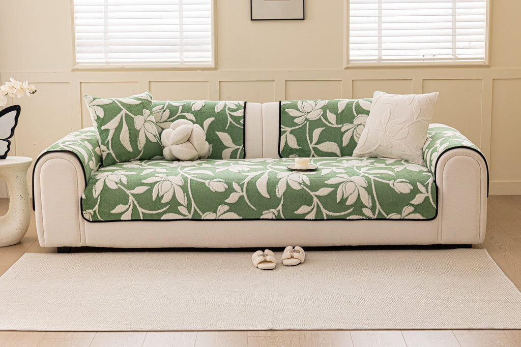 Sofa Decor Willow Quilted Leaf Sofa Seat Cover in Sage Leaf - front sofa fit view for quilted sofa seat covers in Australia