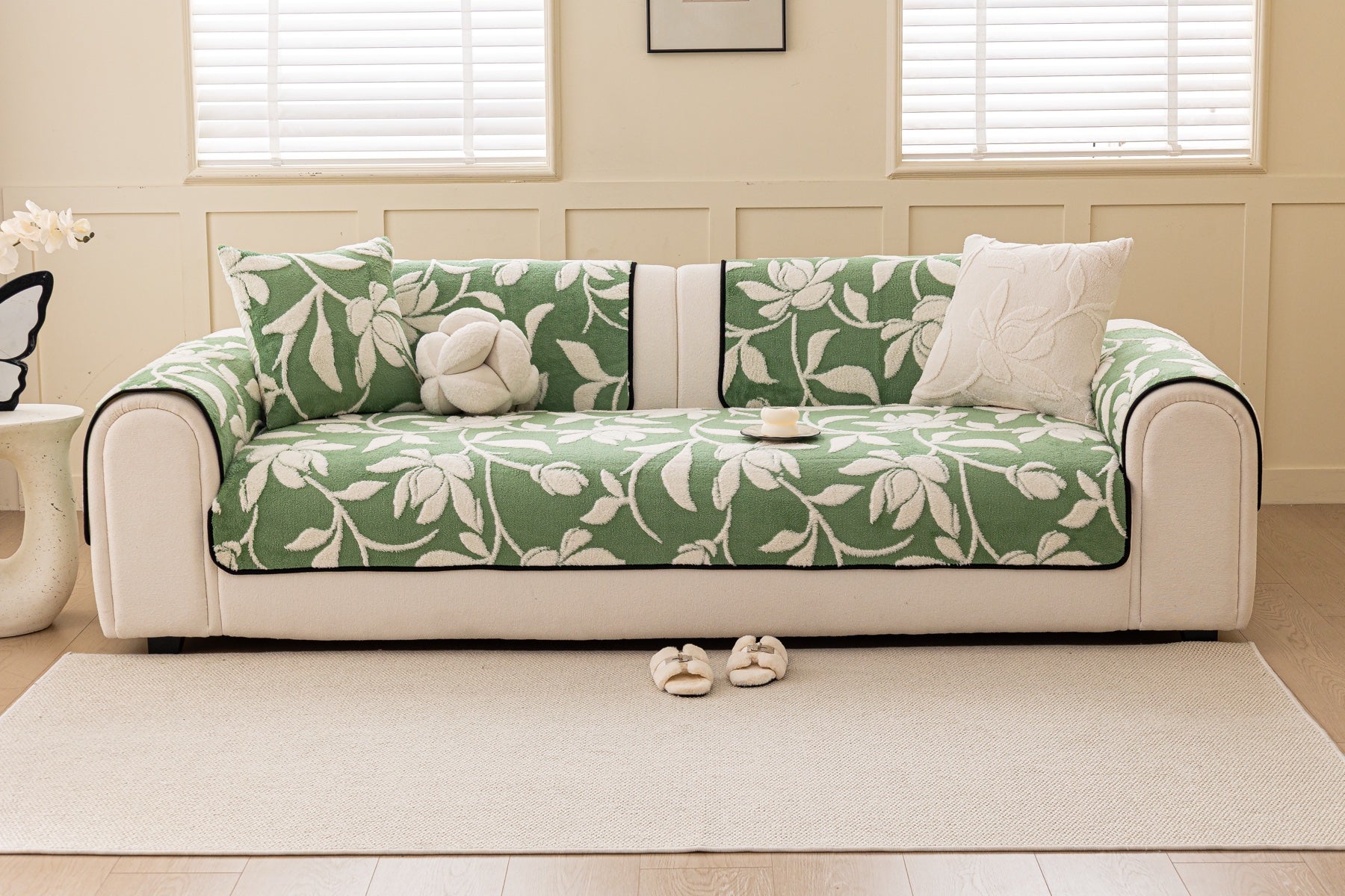 Sofa Decor Willow Quilted Leaf Sofa Seat Cover in Sage Leaf - front sofa fit view for quilted sofa seat covers in Australia