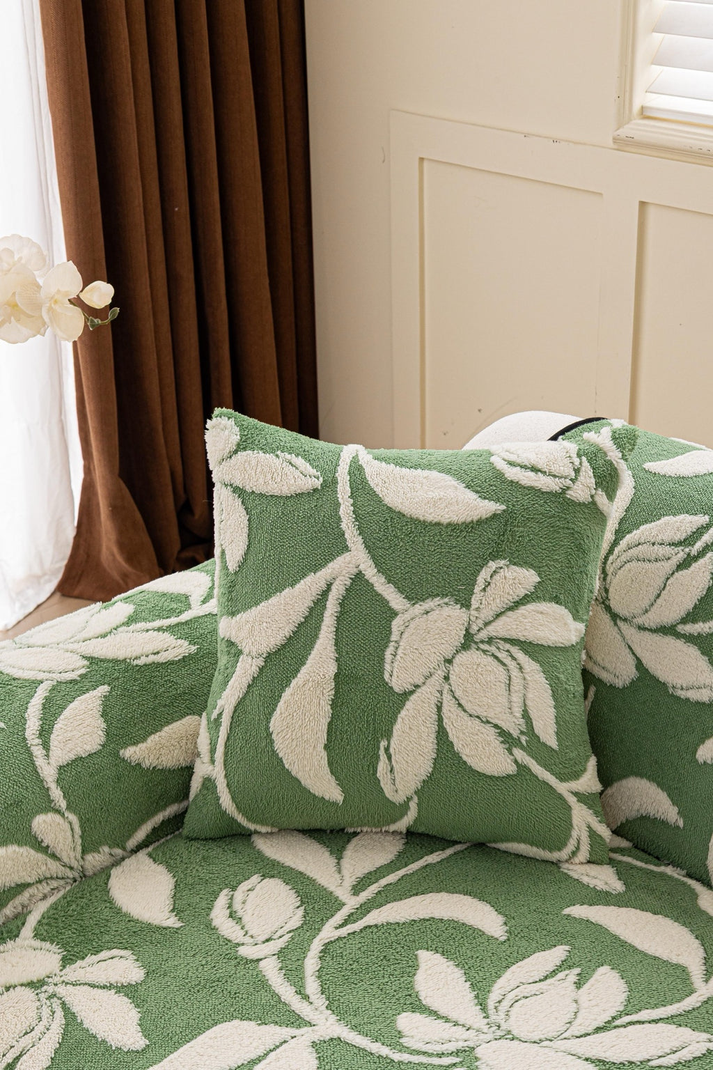 Sofa Decor Willow Quilted Leaf Sofa Seat Cover in Sage Leaf - back cushion fit view for quilted sofa seat covers in Australia