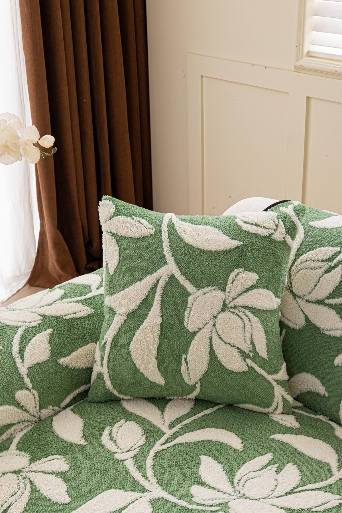 Sofa Decor Willow Quilted Leaf Sofa Seat Cover in Sage Leaf - back cushion fit view for quilted sofa seat covers in Australia