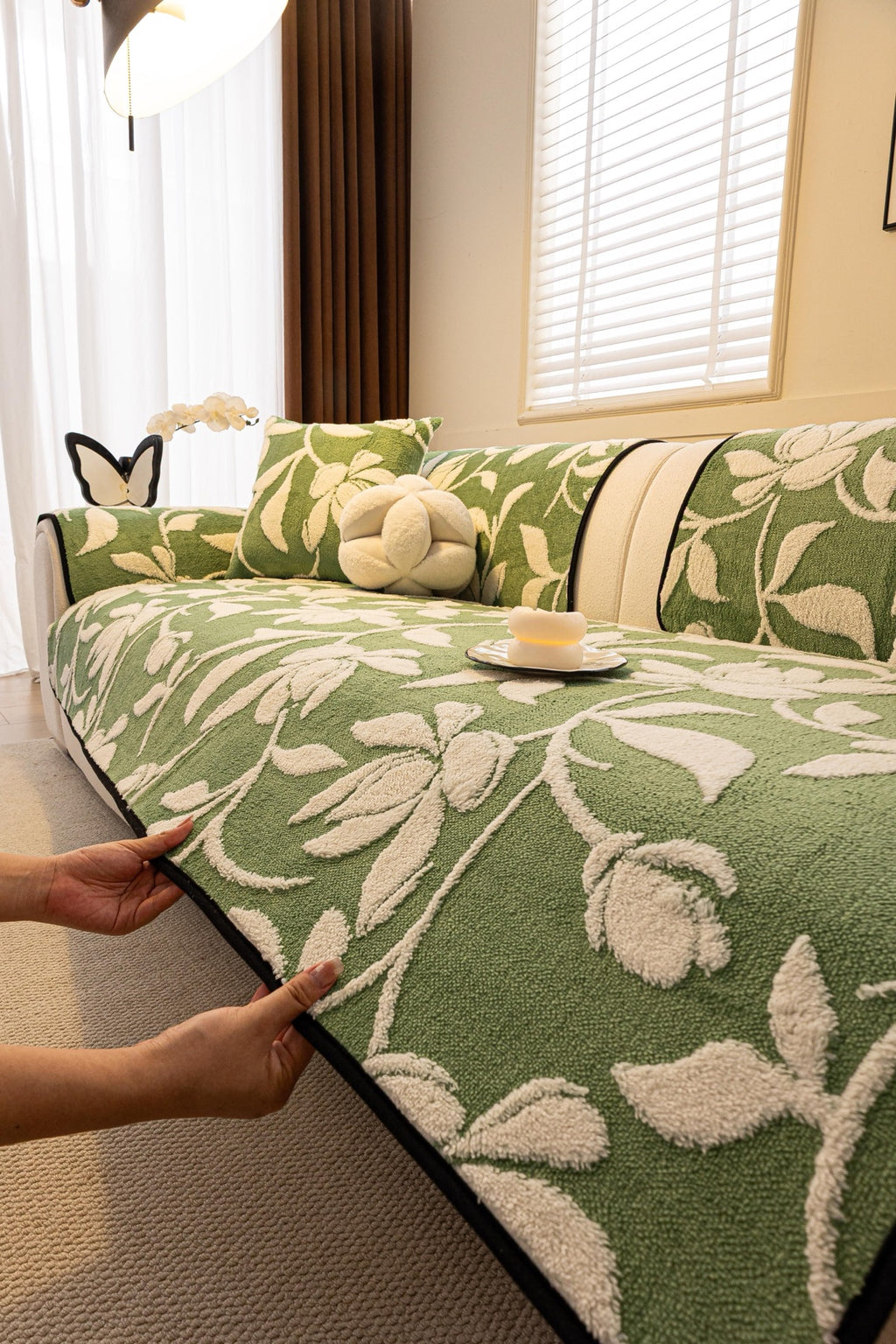 Sofa Decor Willow Quilted Leaf Sofa Seat Cover in Sage Leaf - styled sofa seat cover for quilted sofa seat covers in Australia