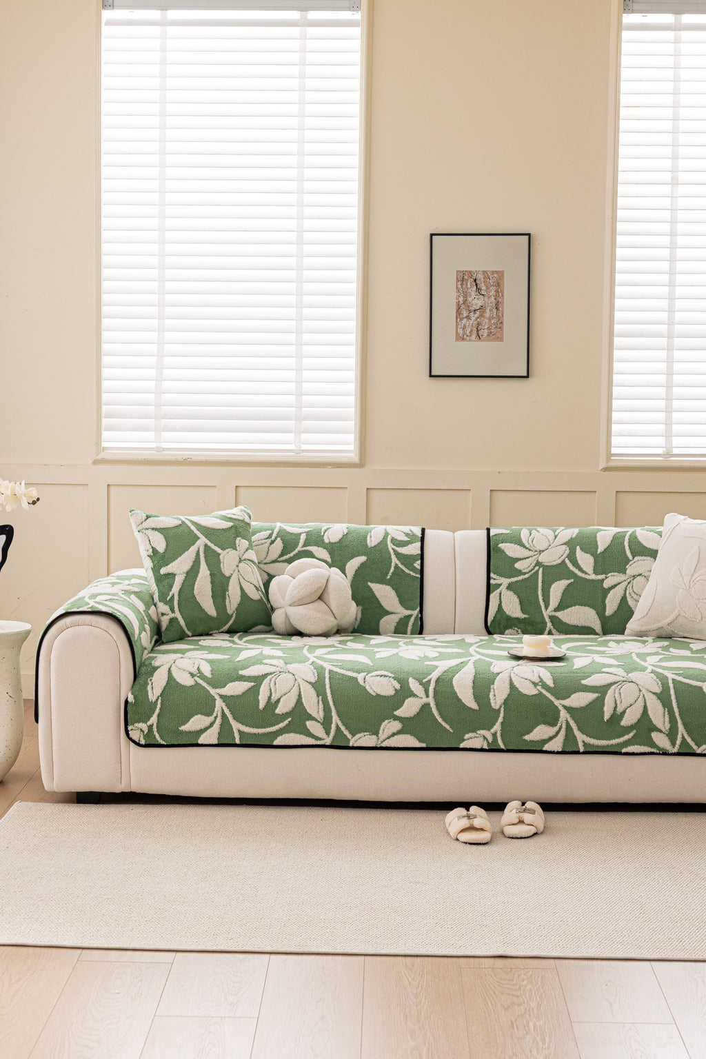 Sofa Decor Willow Quilted Leaf Sofa Seat Cover in Sage Leaf - front sofa fit view for quilted sofa seat covers in Australia