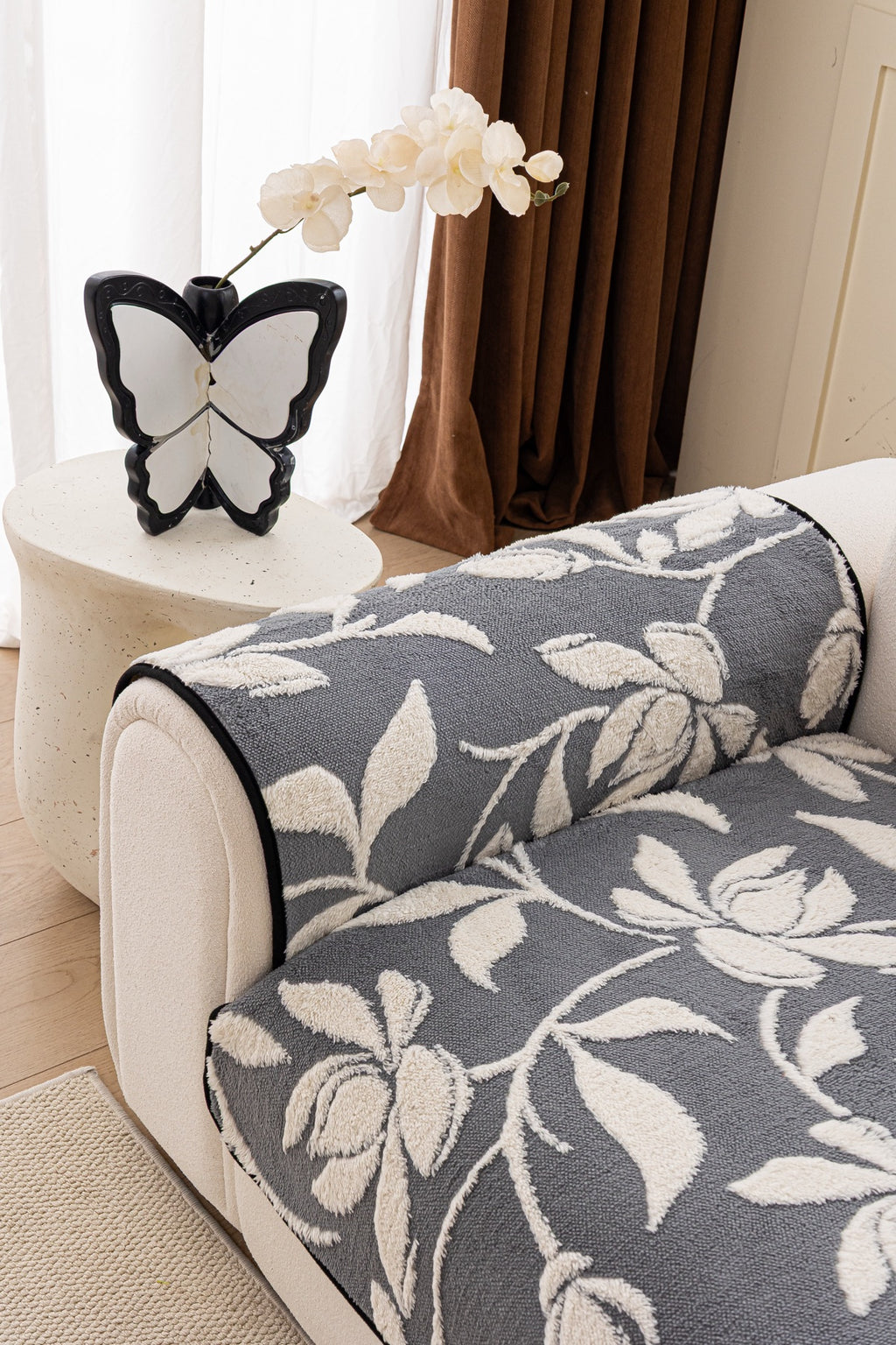 Sofa Decor Willow Quilted Leaf Sofa Seat Cover in Slate Botanical Leaf - back cushion fit view for quilted sofa seat covers in Australia