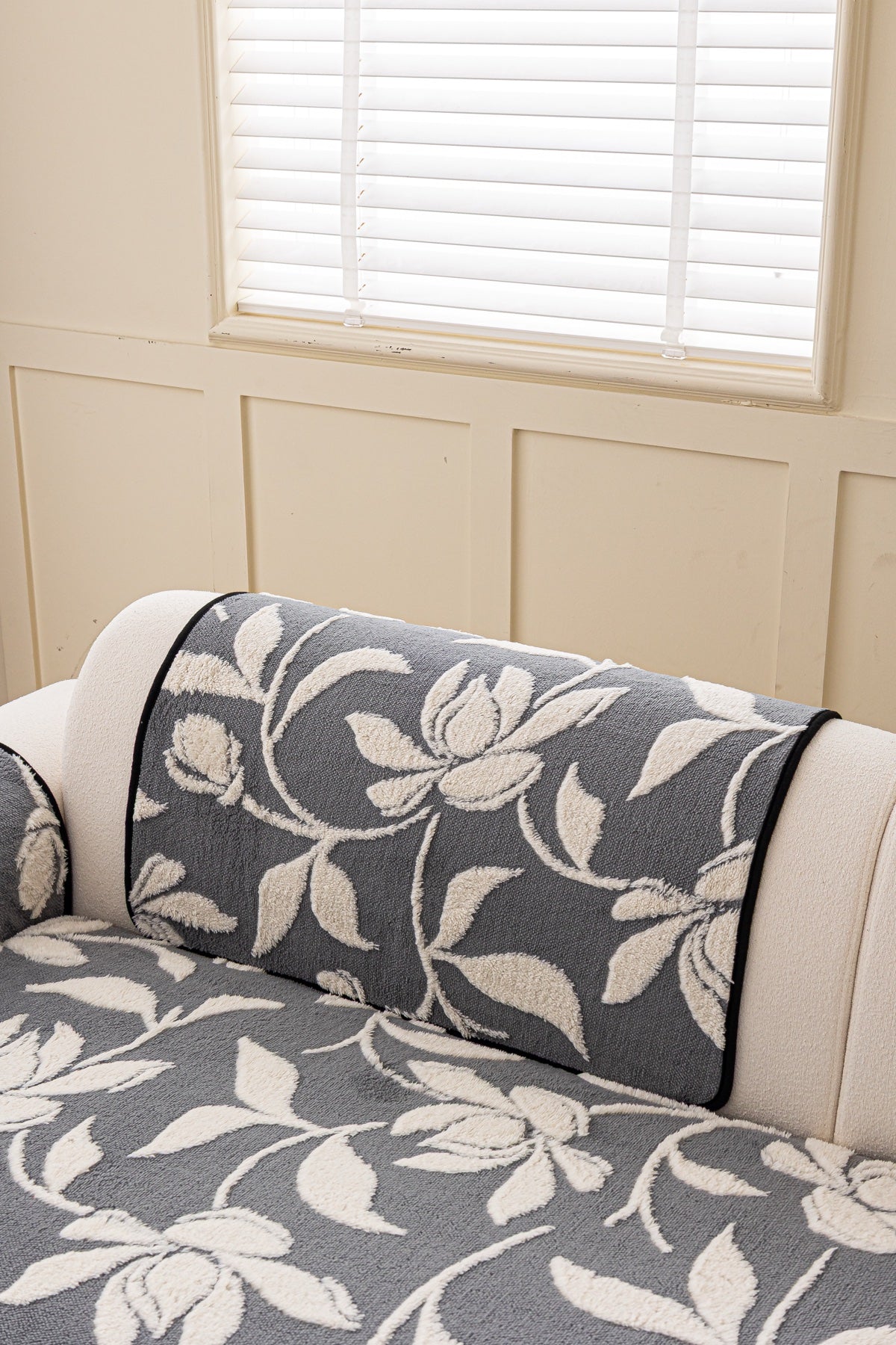 Sofa Decor Willow Quilted Leaf Sofa Seat Cover in Slate Botanical Leaf - back cushion fit view for quilted sofa seat covers in Australia