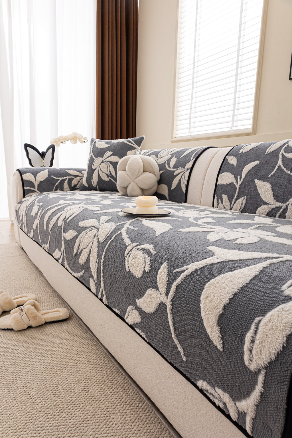 Sofa Decor Willow Quilted Leaf Sofa Seat Cover in Slate Botanical Leaf - styled sofa seat cover for quilted sofa seat covers in Australia