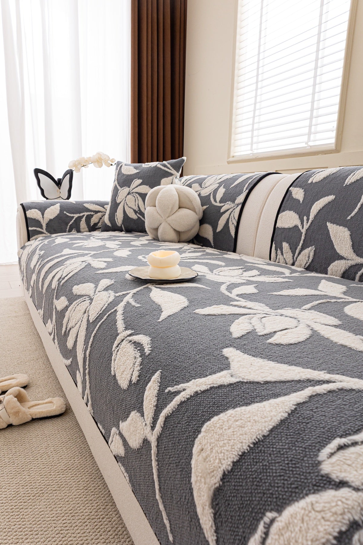 Sofa Decor Willow Quilted Leaf Sofa Seat Cover in Slate Botanical Leaf - styled sofa seat cover for quilted sofa seat covers in Australia