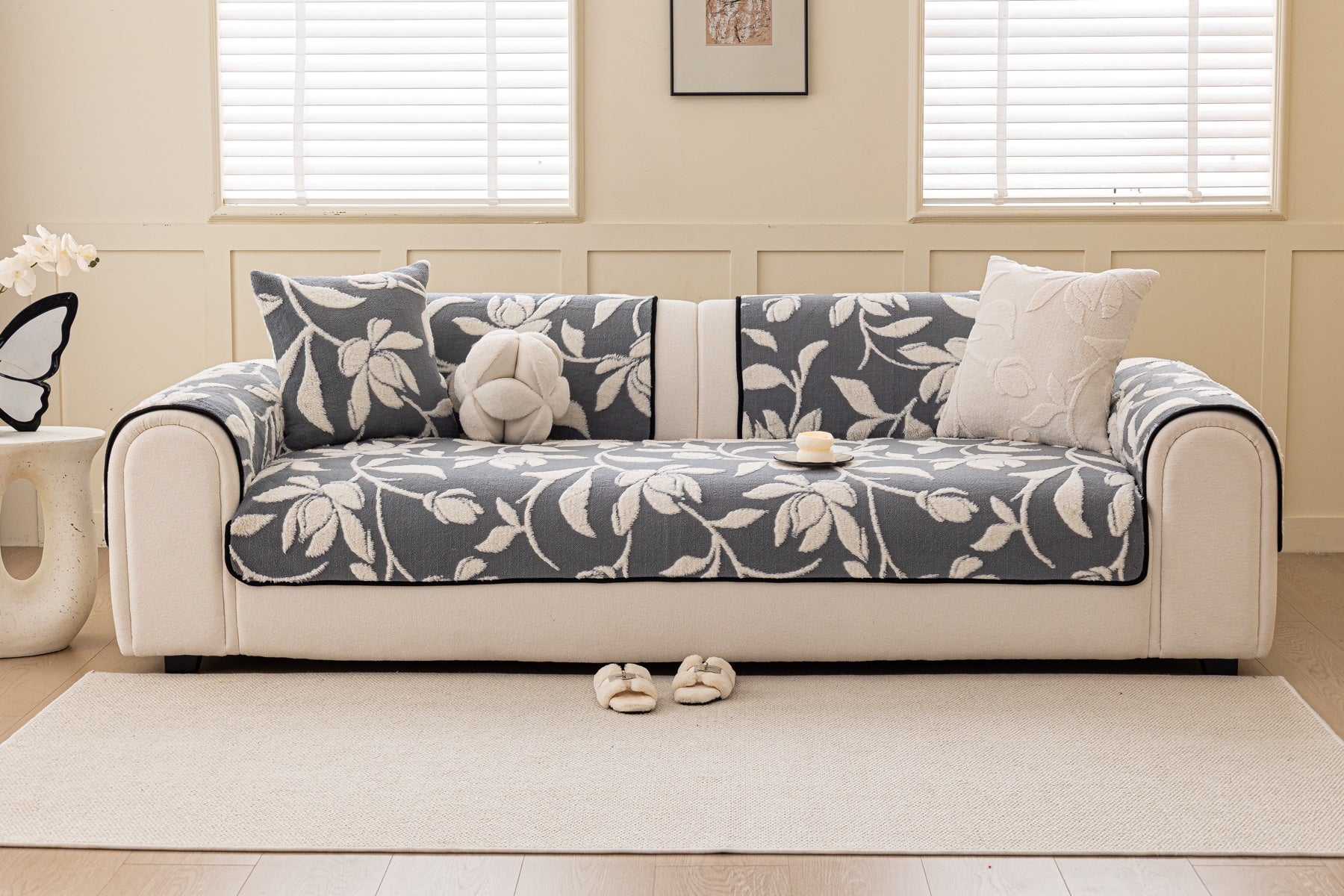 Sofa Decor Willow Quilted Leaf Sofa Seat Cover in Slate Botanical Leaf - front sofa fit view for quilted sofa seat covers in Australia