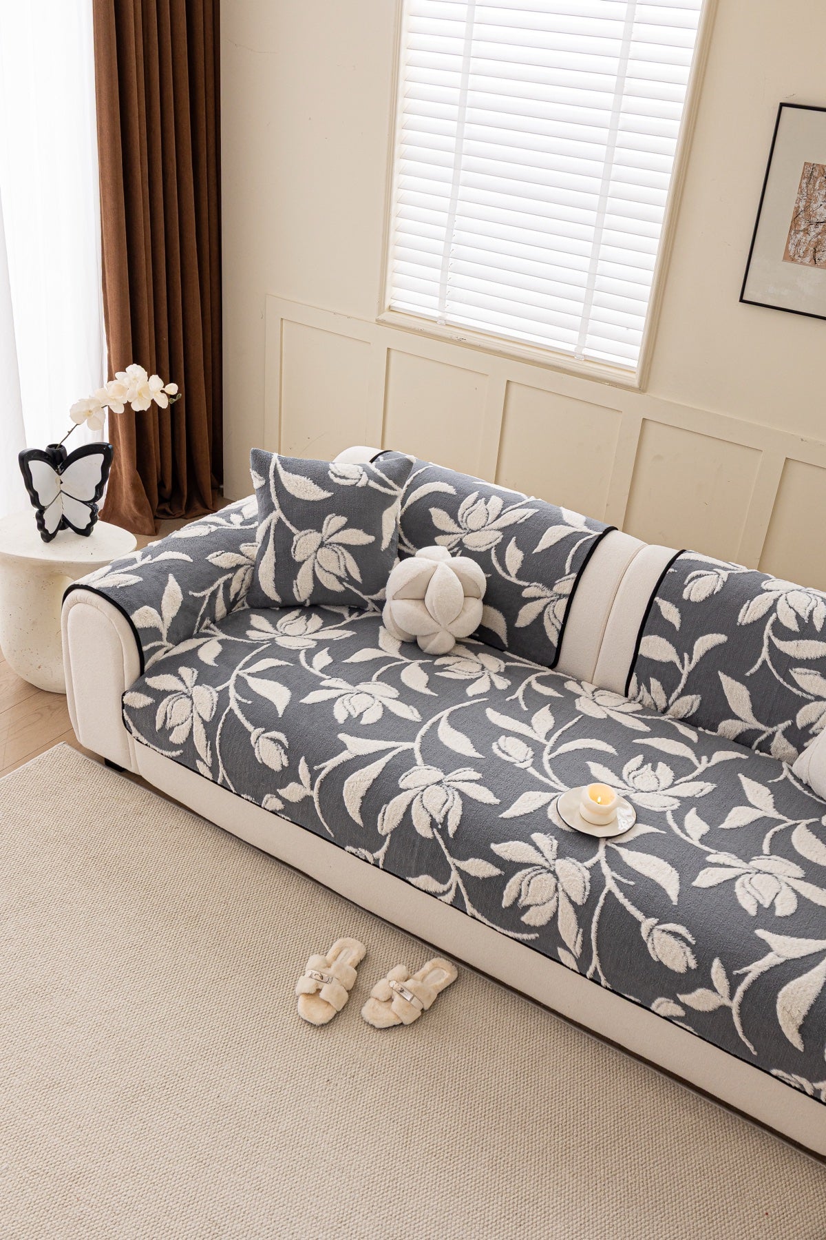 Sofa Decor Willow Quilted Leaf Sofa Seat Cover in Slate Botanical Leaf - styled sofa seat cover for quilted sofa seat covers in Australia