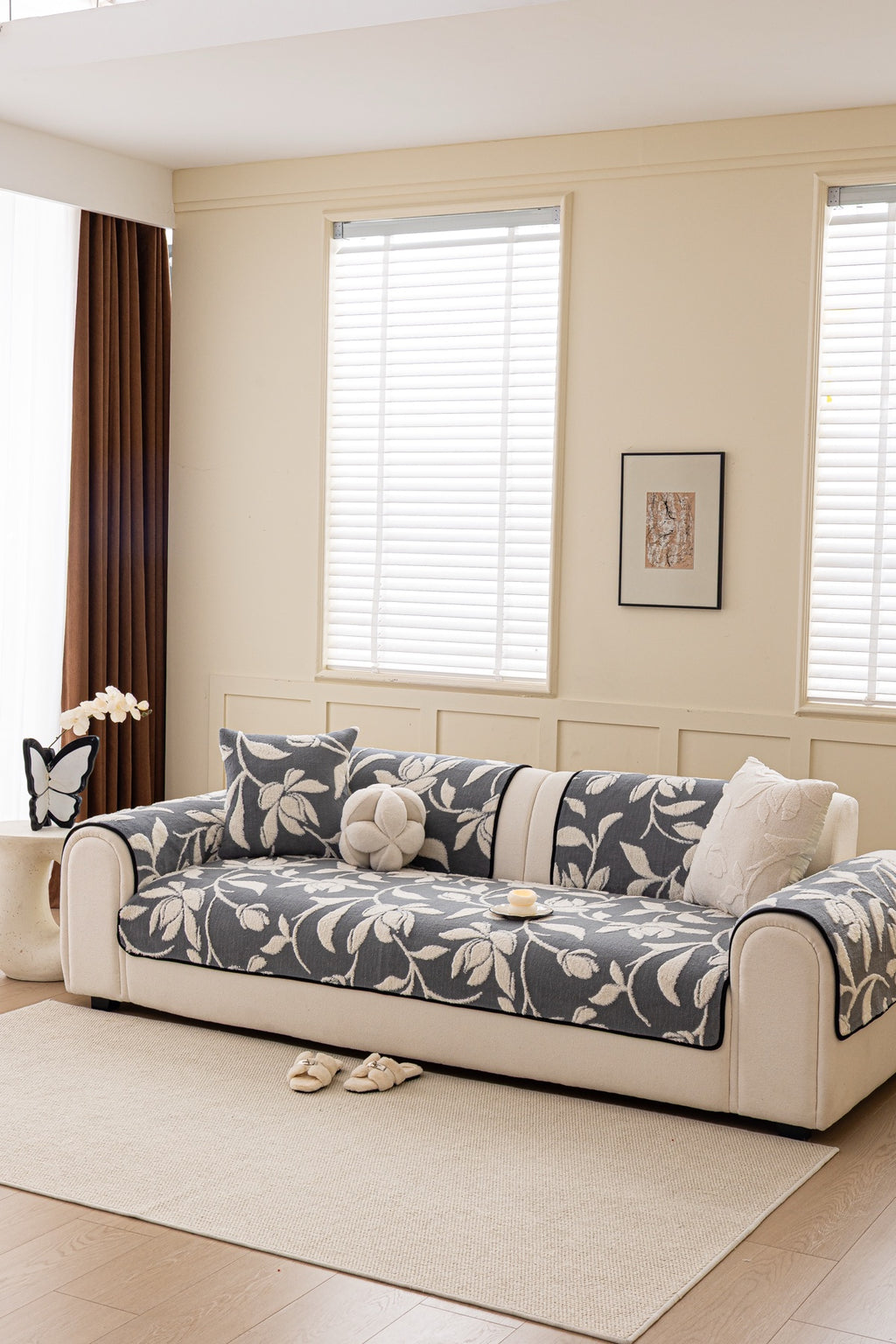Sofa Decor Willow Quilted Leaf Sofa Seat Cover in Slate Botanical Leaf - styled sofa seat cover for quilted sofa seat covers in Australia