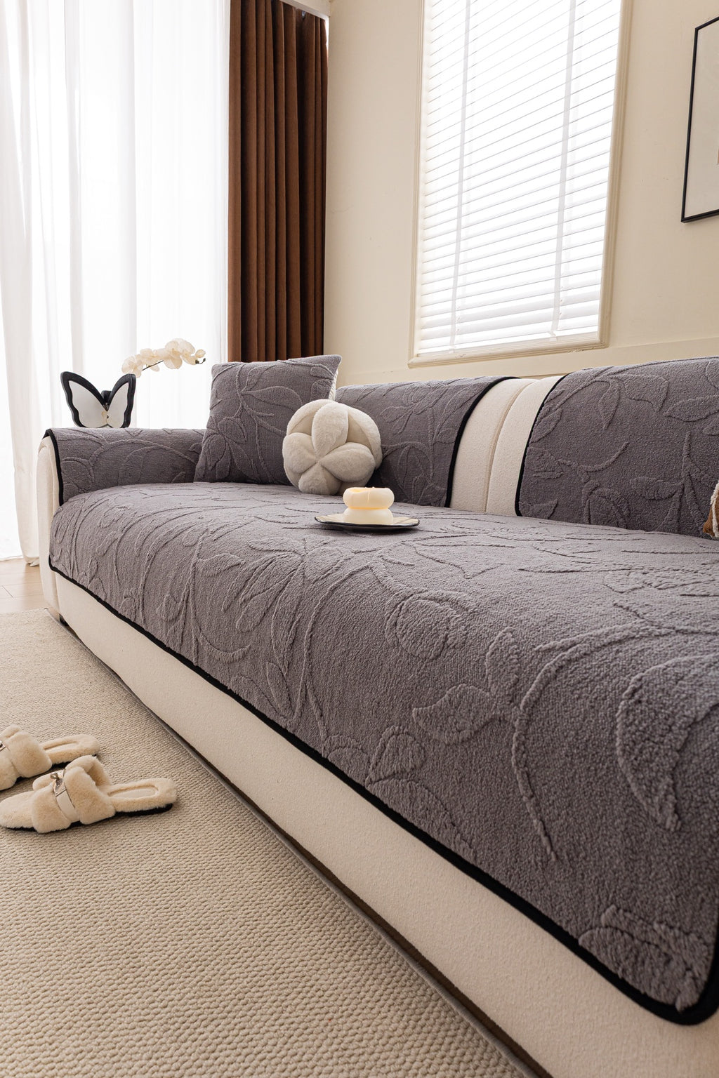 Sofa Decor Willow Quilted Leaf Sofa Seat Cover in Smoke Grey Leaf - styled sofa seat cover for quilted sofa seat covers in Australia