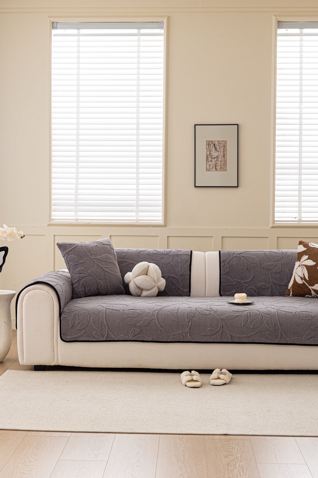 Sofa Decor Willow Quilted Leaf Sofa Seat Cover in Smoke Grey Leaf - styled sofa seat cover for quilted sofa seat covers in Australia