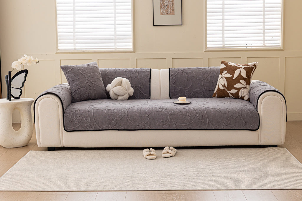 Sofa Decor Willow Quilted Leaf Sofa Seat Cover in Smoke Grey Leaf - front sofa fit view for quilted sofa seat covers in Australia