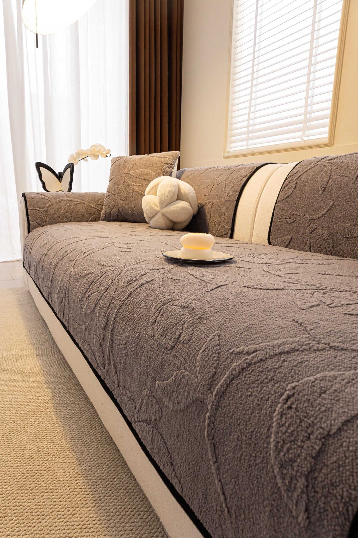 Sofa Decor Willow Quilted Leaf Sofa Seat Cover in Smoke Grey Leaf - styled sofa seat cover for quilted sofa seat covers in Australia