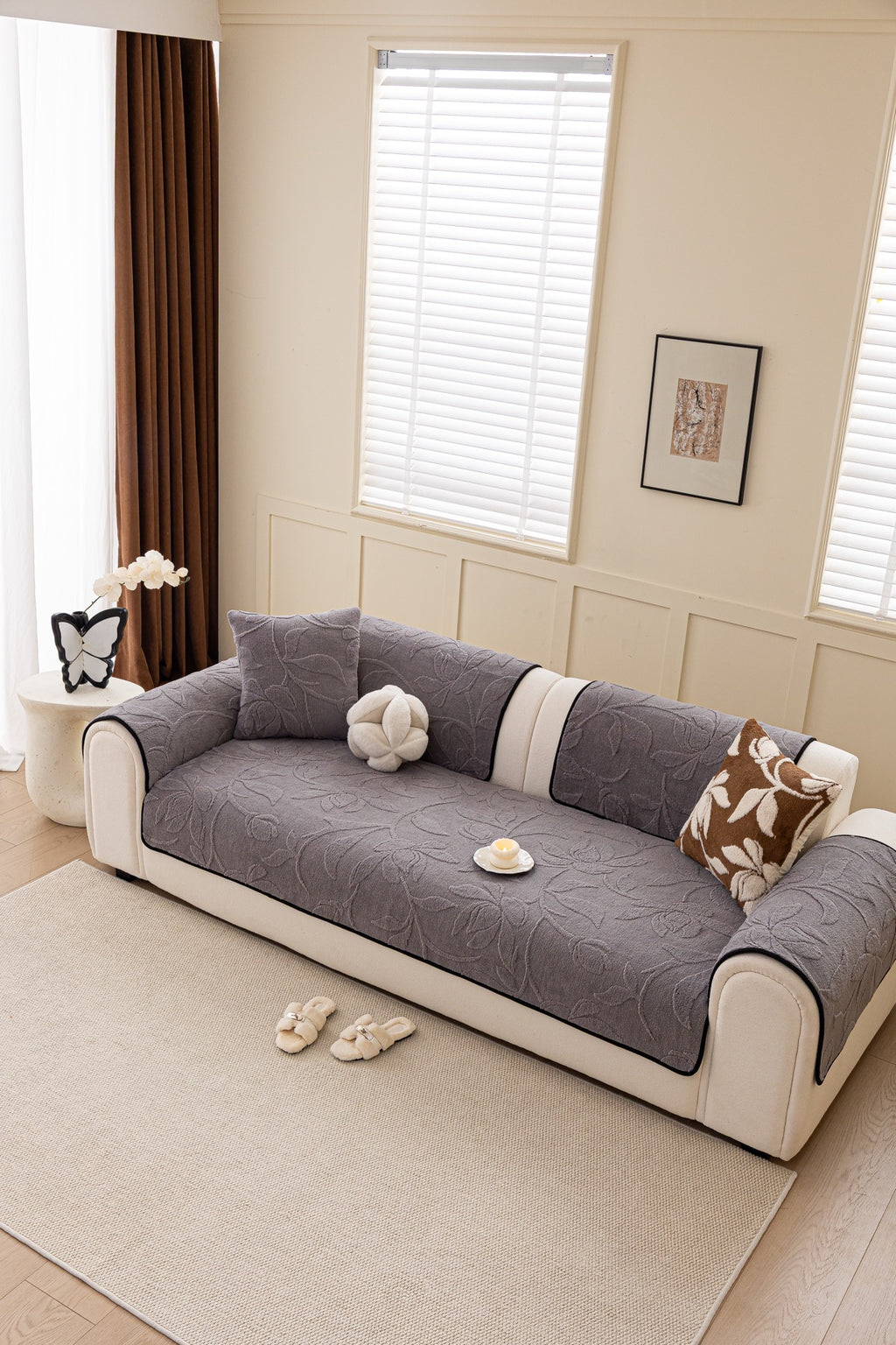 Sofa Decor Willow Quilted Leaf Sofa Seat Cover in Smoke Grey Leaf - front sofa fit view for quilted sofa seat covers in Australia