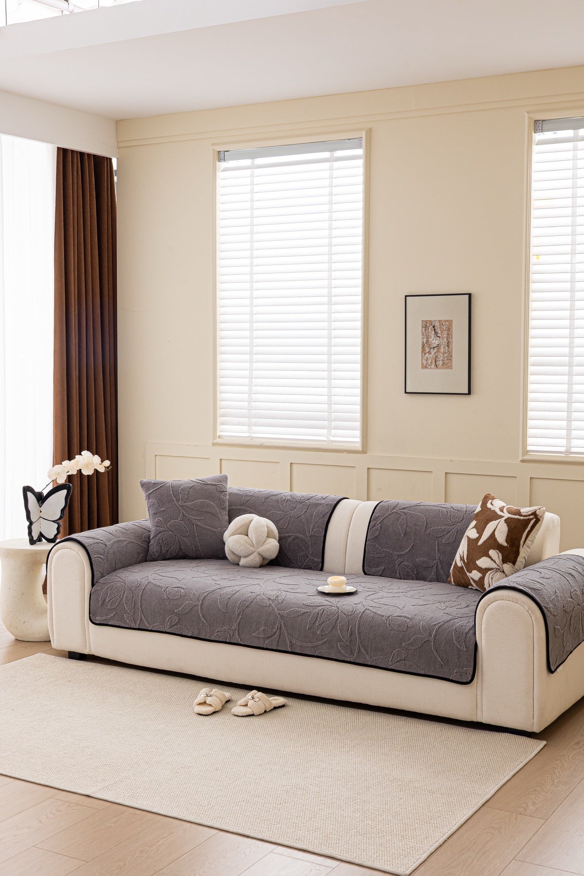 Sofa Decor Willow Quilted Leaf Sofa Seat Cover in Smoke Grey Leaf - styled sofa seat cover for quilted sofa seat covers in Australia
