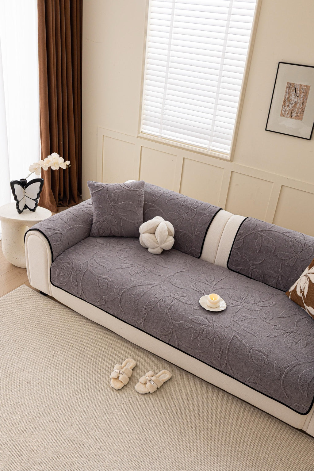 Sofa Decor Willow Quilted Leaf Sofa Seat Cover in Smoke Grey Leaf - styled sofa seat cover for quilted sofa seat covers in Australia