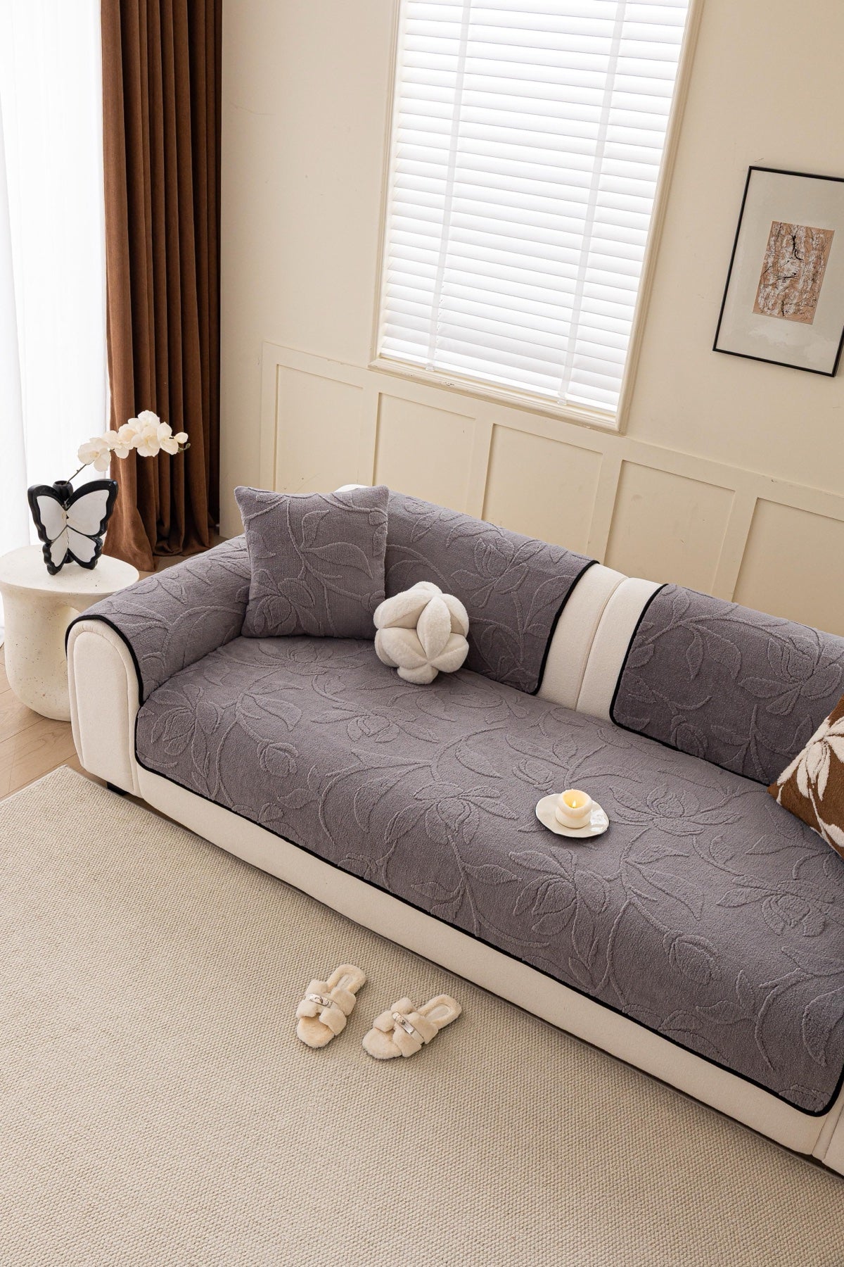 Sofa Decor Willow Quilted Leaf Sofa Seat Cover in Smoke Grey Leaf - styled sofa seat cover for quilted sofa seat covers in Australia